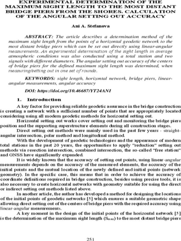 Experimental determination of the maximum sight lenght to the most distant bridge piers from the shores. Calculation of the angular setting out accuracy