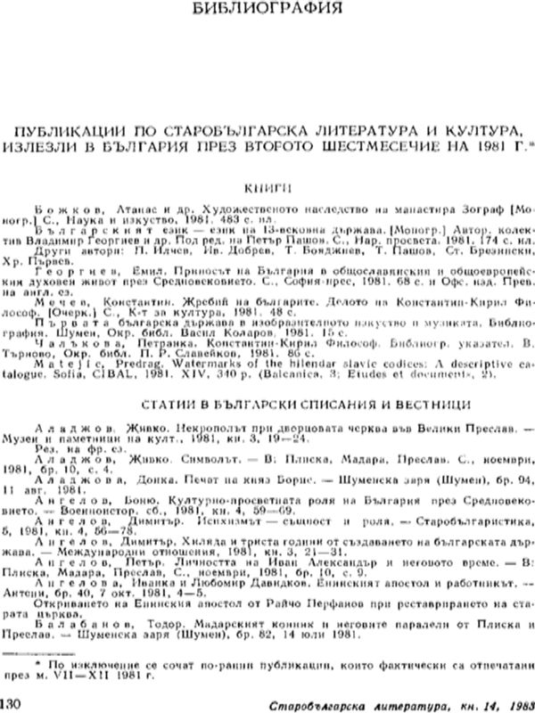 Публикации по старобългарска литература и култура, излезли в България през второто шестмесечие на 1981 г.