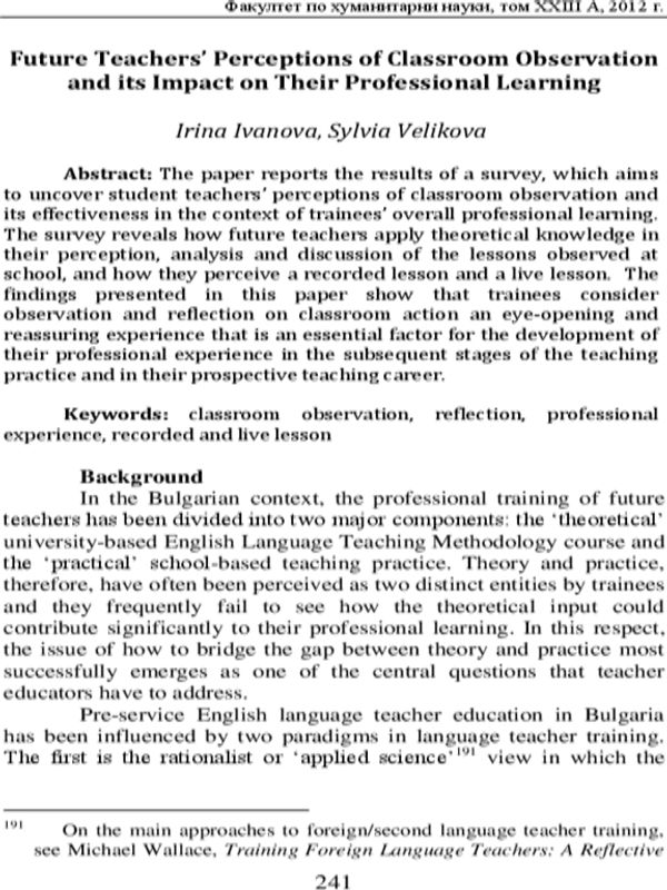 Future Teachers` Perceptions of Classroom Observation and Its Impact on Their Professional Learniing