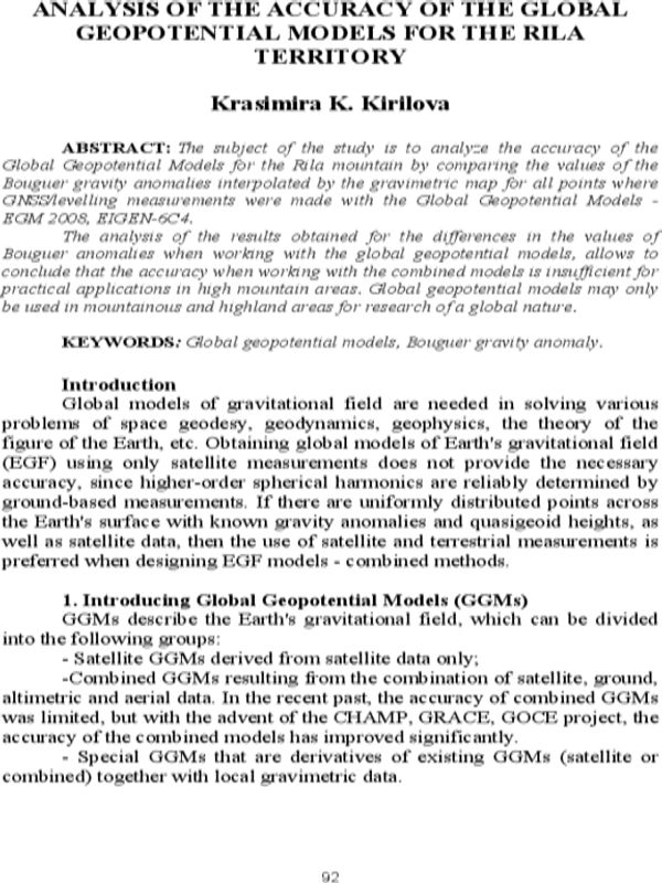 Analysis of the accuracy of the global geopotential models for the rila territory