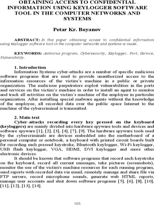 Obtaining access to confidential information using keylogger software tool in the computer networks and systems