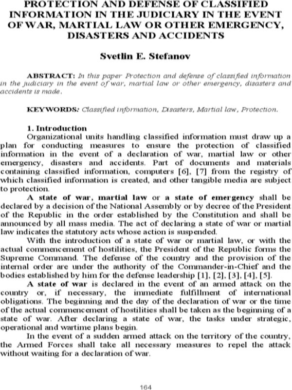 Protection and defense of classified information in the judiciary in the event of war, martial law or other emergency, disasters and accidents