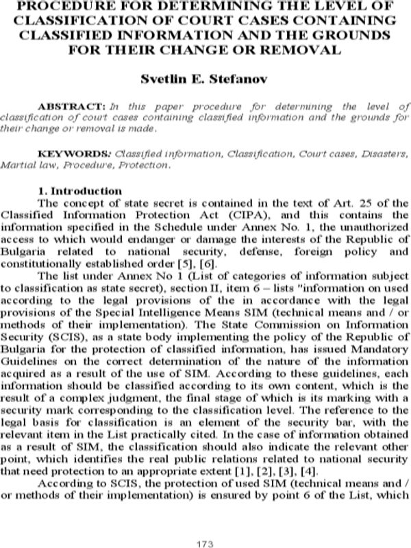 Procedure for determining the level of classification of court cases containing classified information and the grounds for their change or removal