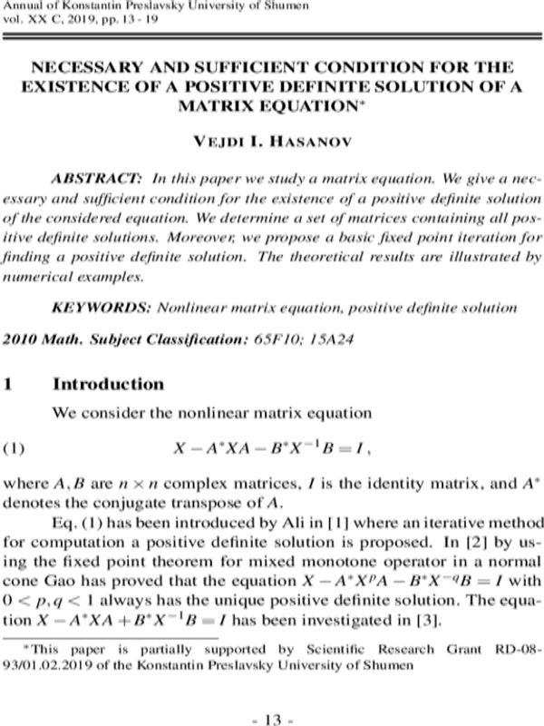 Necessary and sufficient condition for the existence of a positive definite solution of a matrix equation