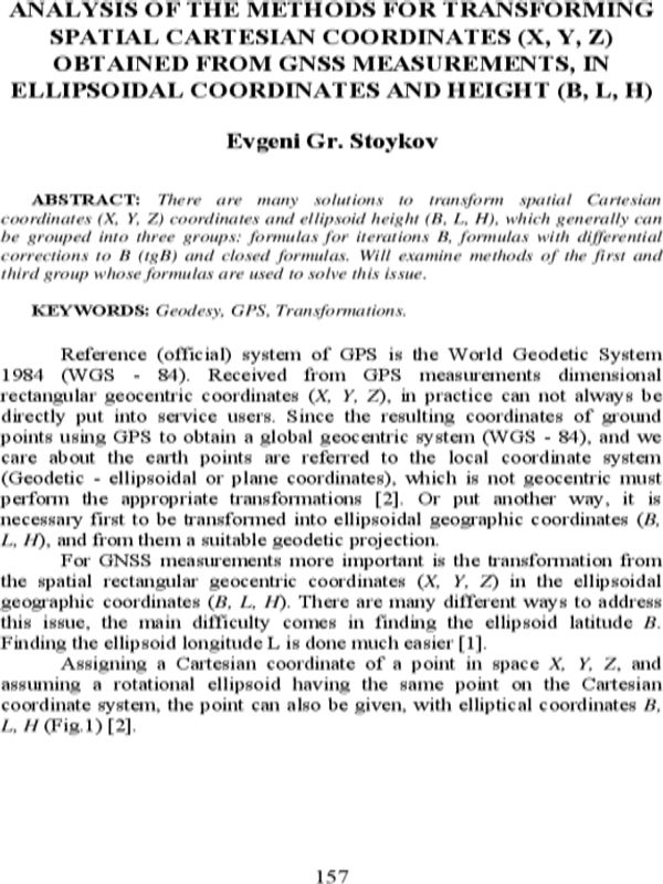Analysis of the methods for transforming spatial cartesian coordinates (x, y, z) obtained from gnss measurements, in ellipsoidal coordinates and height (b, l, h)