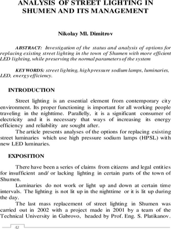 Analysis of street lighting in Shumen and its management
