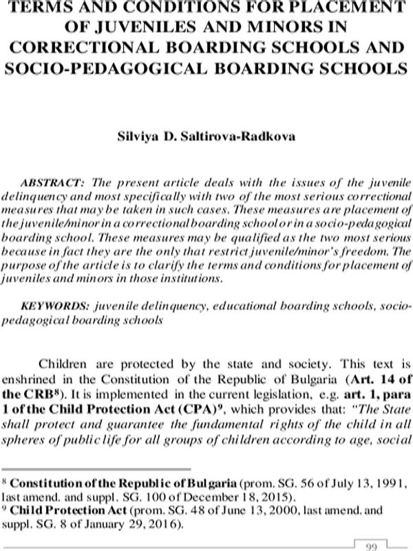 Terms and conditions for placement of juveniles and minors in correctional boarding schools and socio-pedagogical boarding schools