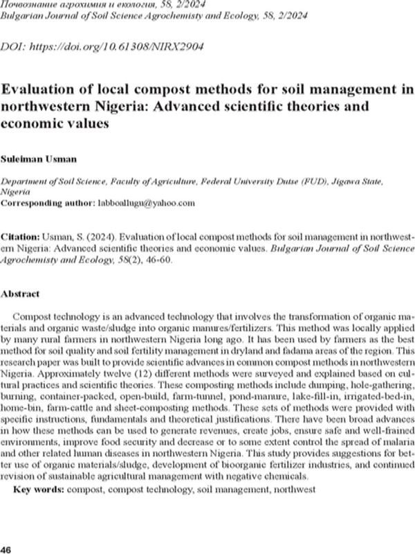 Evaluation of local compost methods for soil management in Northwestern Nigeria