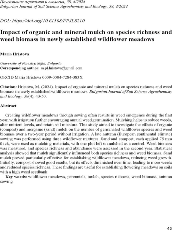 Impact of organic and mineral mulch on spesies richness and weed biomass in newly established wildflower meadows