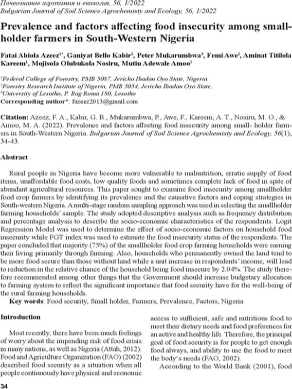 Prevalence and factors affecting food insecurityamong small-holder farmers in South-Western Nigeria