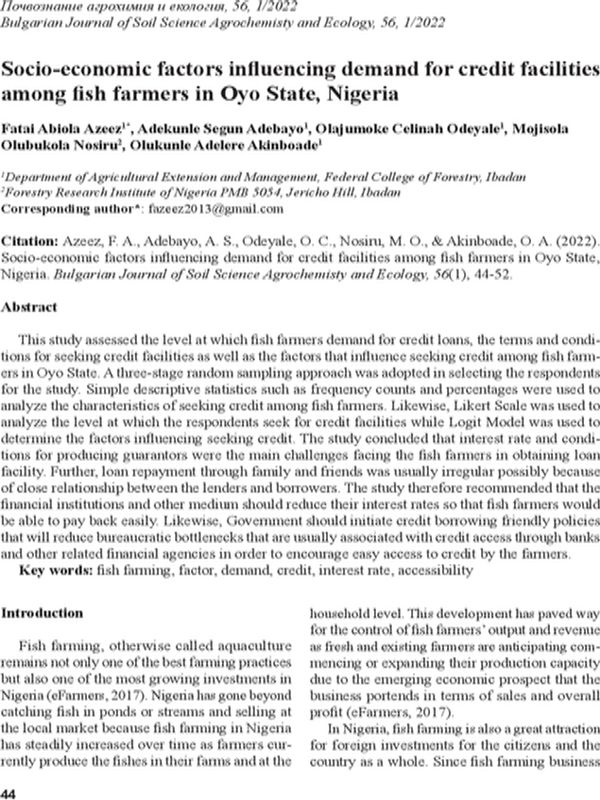 Socio-economic factors influencing demand for credit facilitiesamong fish farmers in Oyo State, Nigeria