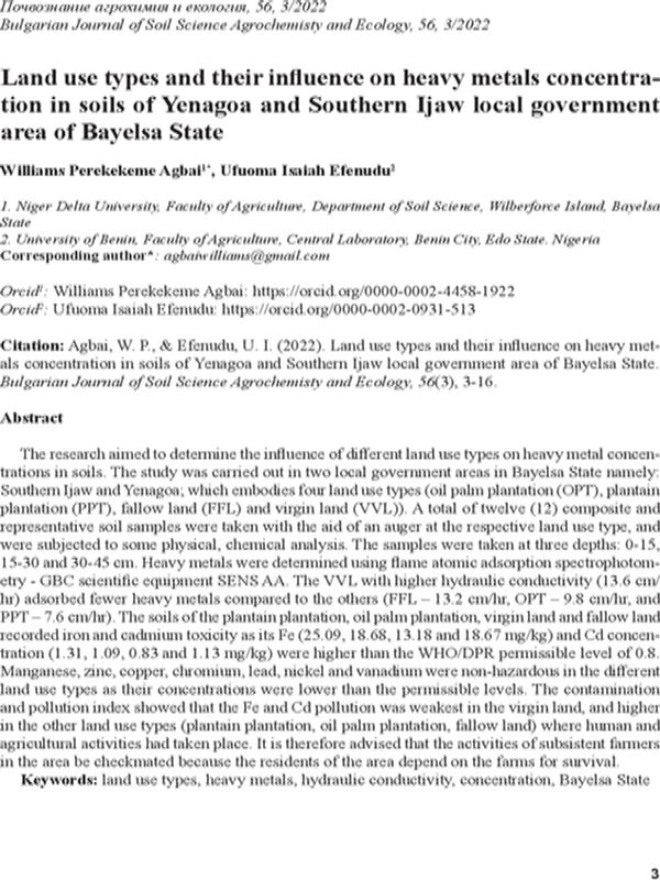 Land use types and their influence on heavy metals concentration in soils of Yenagoa and Southern Ijaw local government area of Bayelsa State