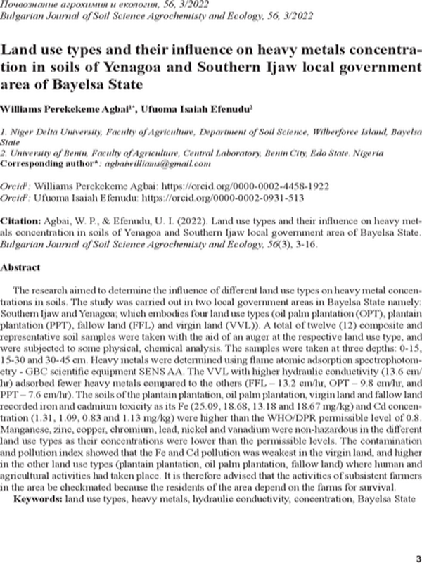 Land use types and their influence on heavy metals concentration in soils of Yenagoa and Southern Ijaw local government area of Bayelsa State