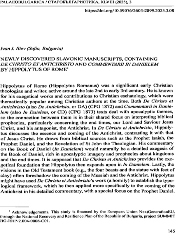 Newly discovered slavonic manuscripts, containing De Christo et antichristo and Comentarii in Danielem by Hippolitus of Rome
