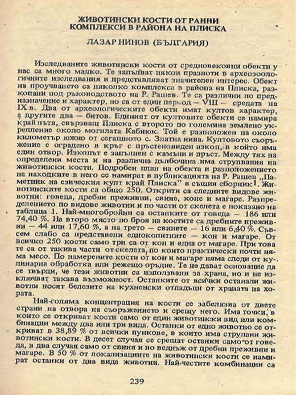 Животински кости от ранни комплекси в района на Плиска