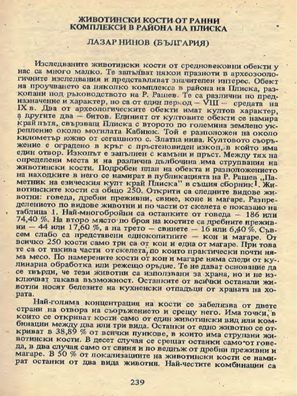 Животински кости от ранни комплекси в района на Плиска