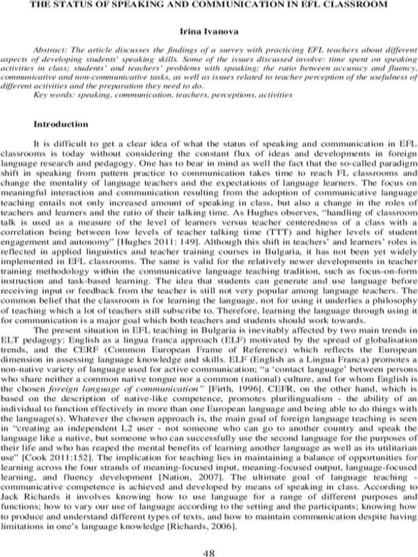 The status of speaking and communication in EFL Classroom