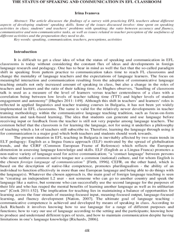 The status of speaking and communication in EFL Classroom