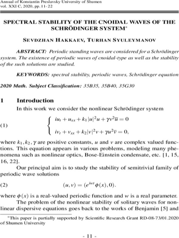 Spectral stability of the cnoidalwaves of the schrodinger system