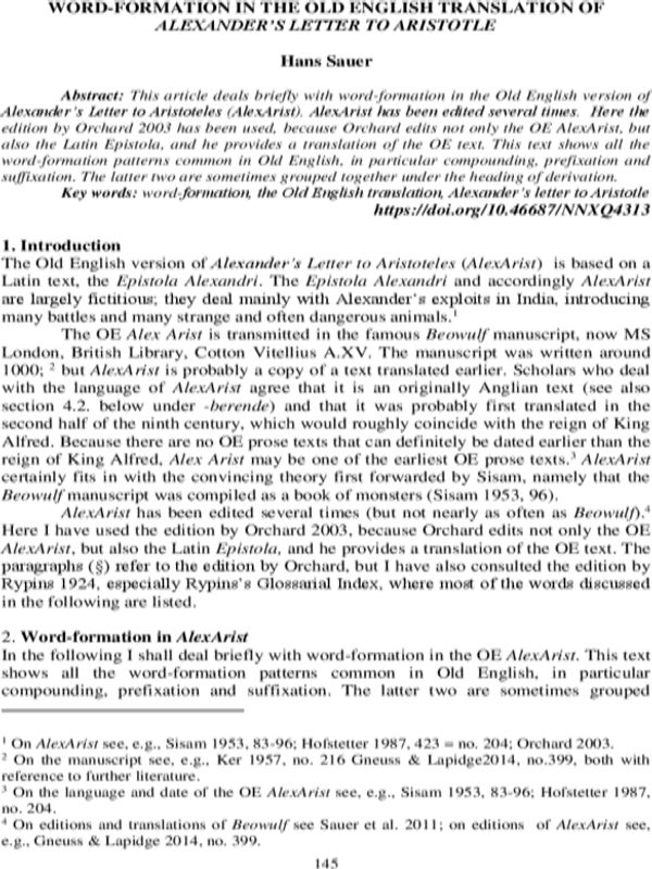 Word-formation in theold english translation of Alexander`s letter to Aristotle