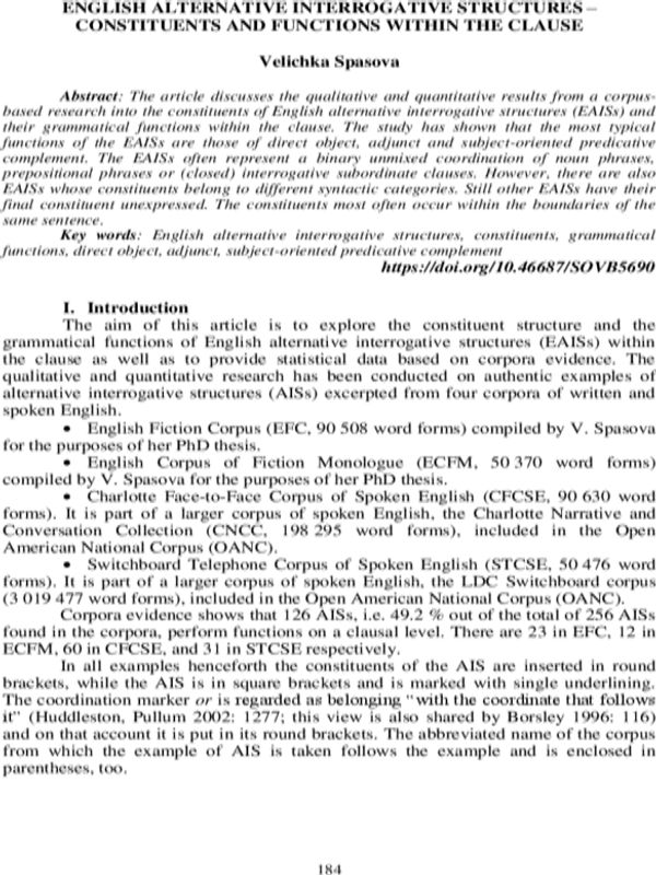 English alternative interrogative structures - constituents and functions within the clause