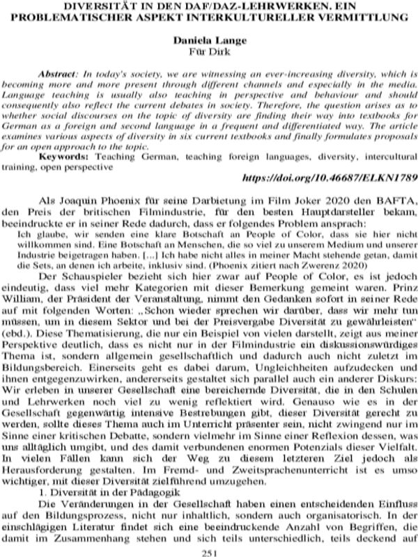 Diversitat in den daf/daz-lehrwerken. Ein problematischer aspekt interkultureller vermitlung