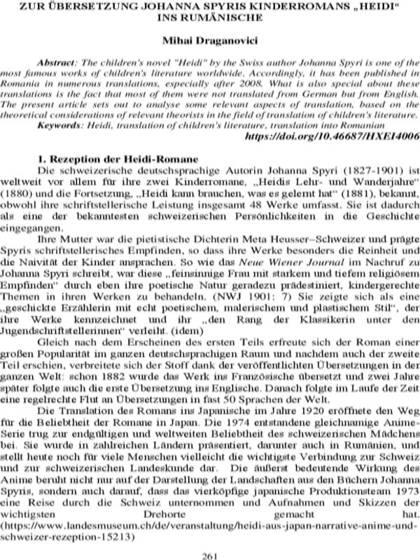 Zur ubersetzung Johanna Spyris kinderromans "Heidi" ins Rumanische