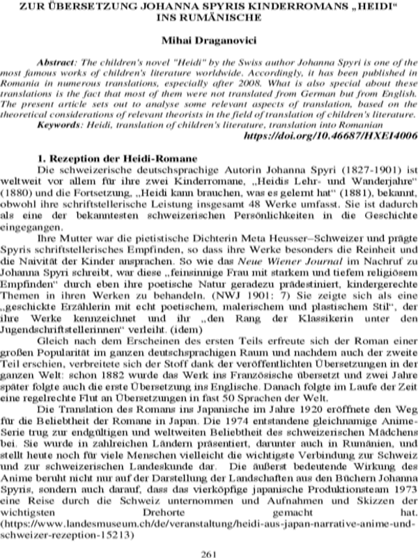 Zur ubersetzung Johanna Spyris kinderromans "Heidi" ins Rumanische