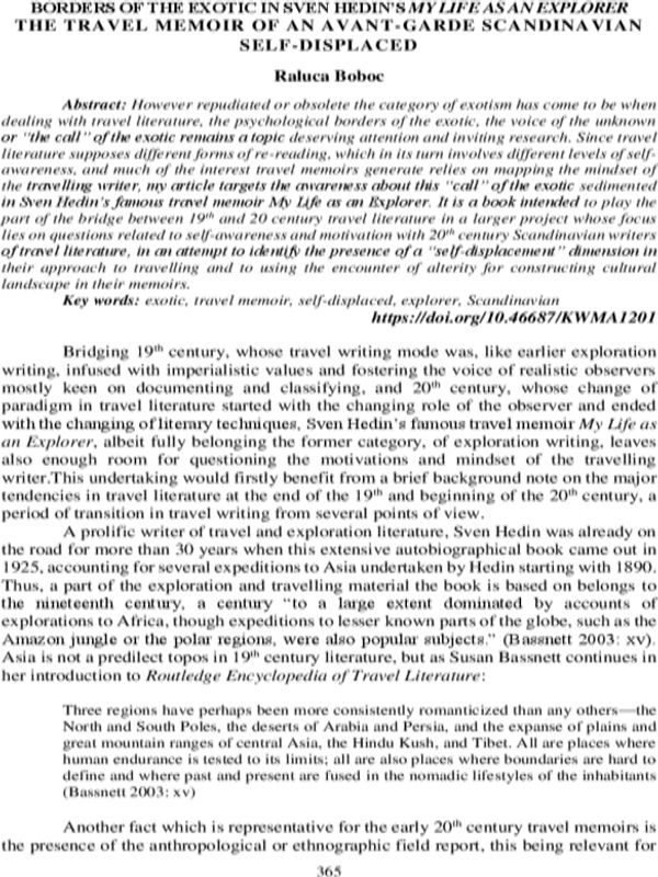 Borders of the exotic in Sven Hedin`s "My life as an explorer. The travel memoir of an avant-garde scandinavian self-displaced