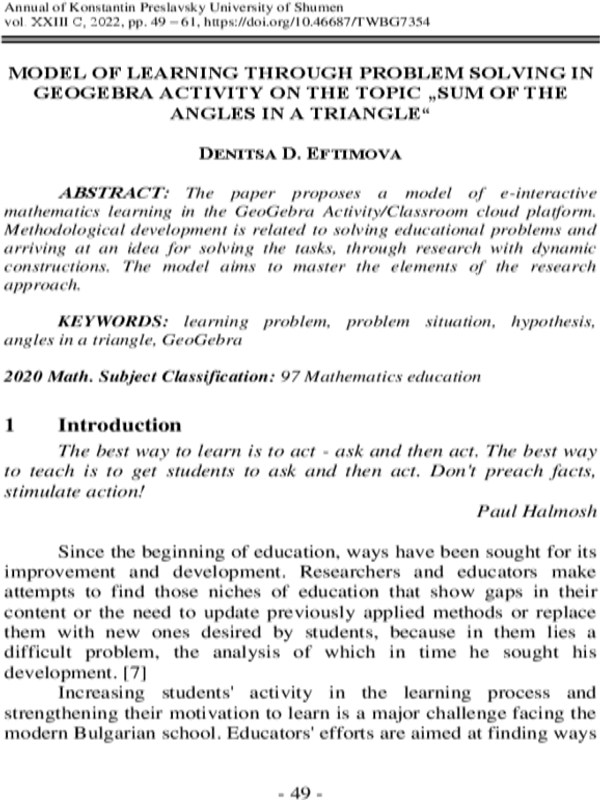 Model of learning through problem solving in geogebra activity on the topic "Sum of the angles in a triangle"